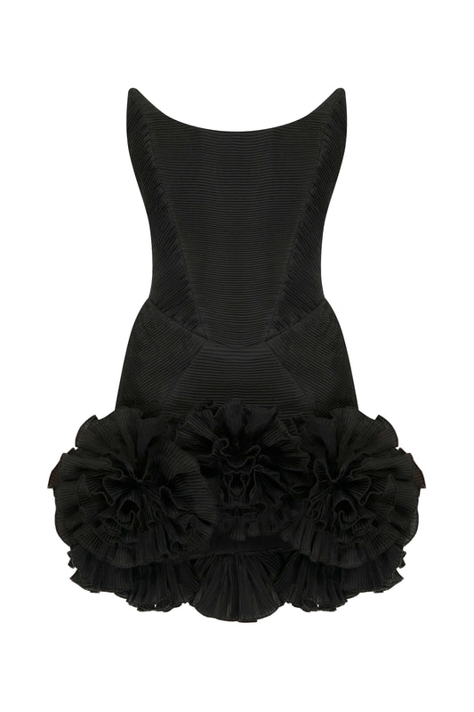 Black Mini Dress With Corset And Flower Details