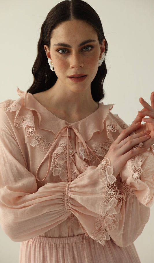 V Neck Lace Panel Ruffled Top