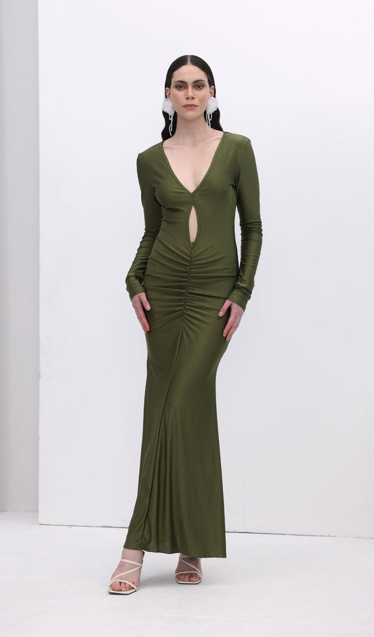 V Neck Ruched Maxi Dress
