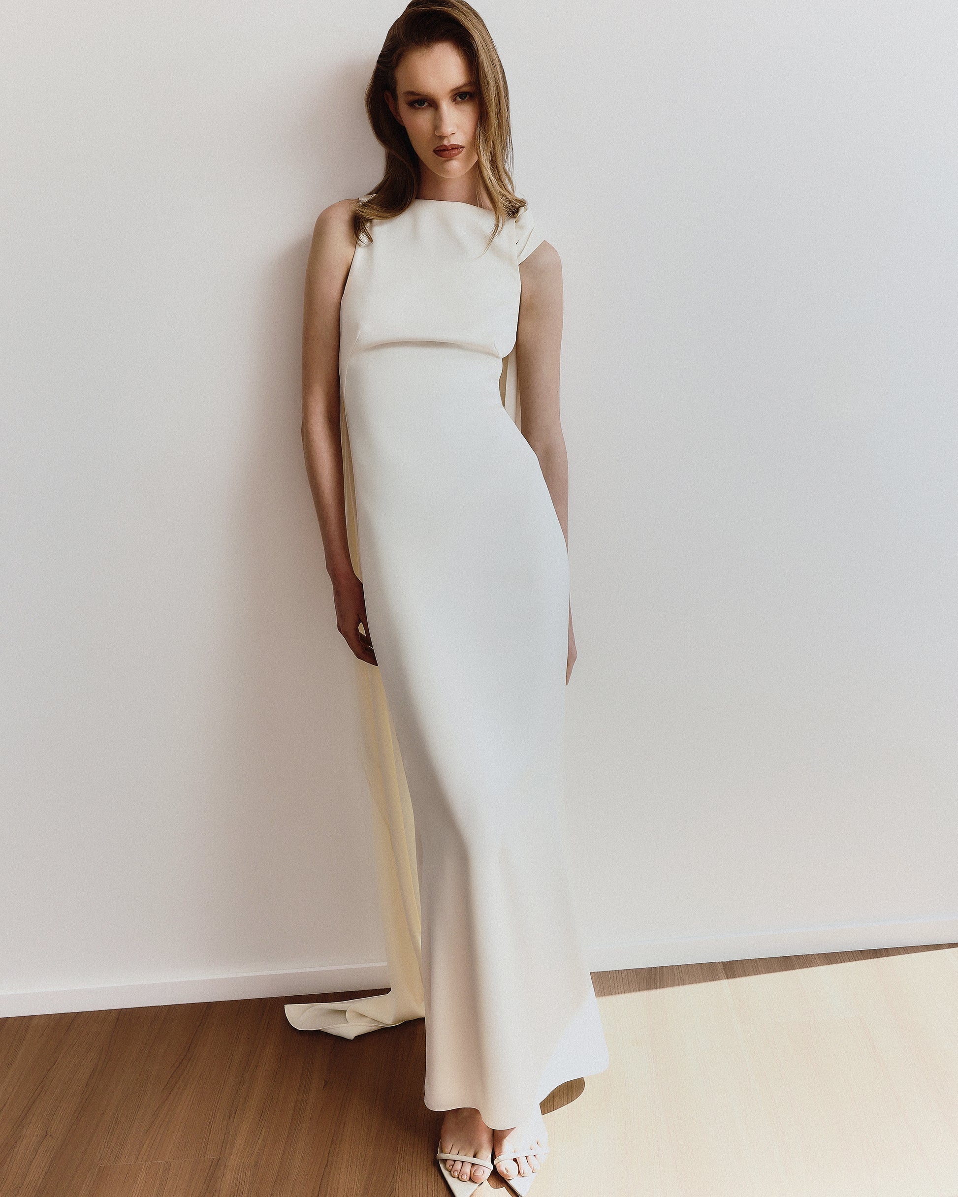 Boat-Neck Sleeveless Backless Shoulder-Knot Draped Satin Dress