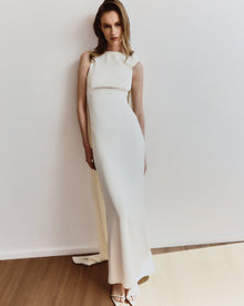 Boat-Neck Sleeveless Backless Shoulder-Knot Draped Satin Dress