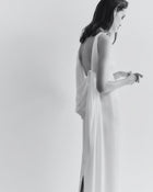 Boat-Neck Sleeveless Backless Shoulder-Knot Draped Satin Dress