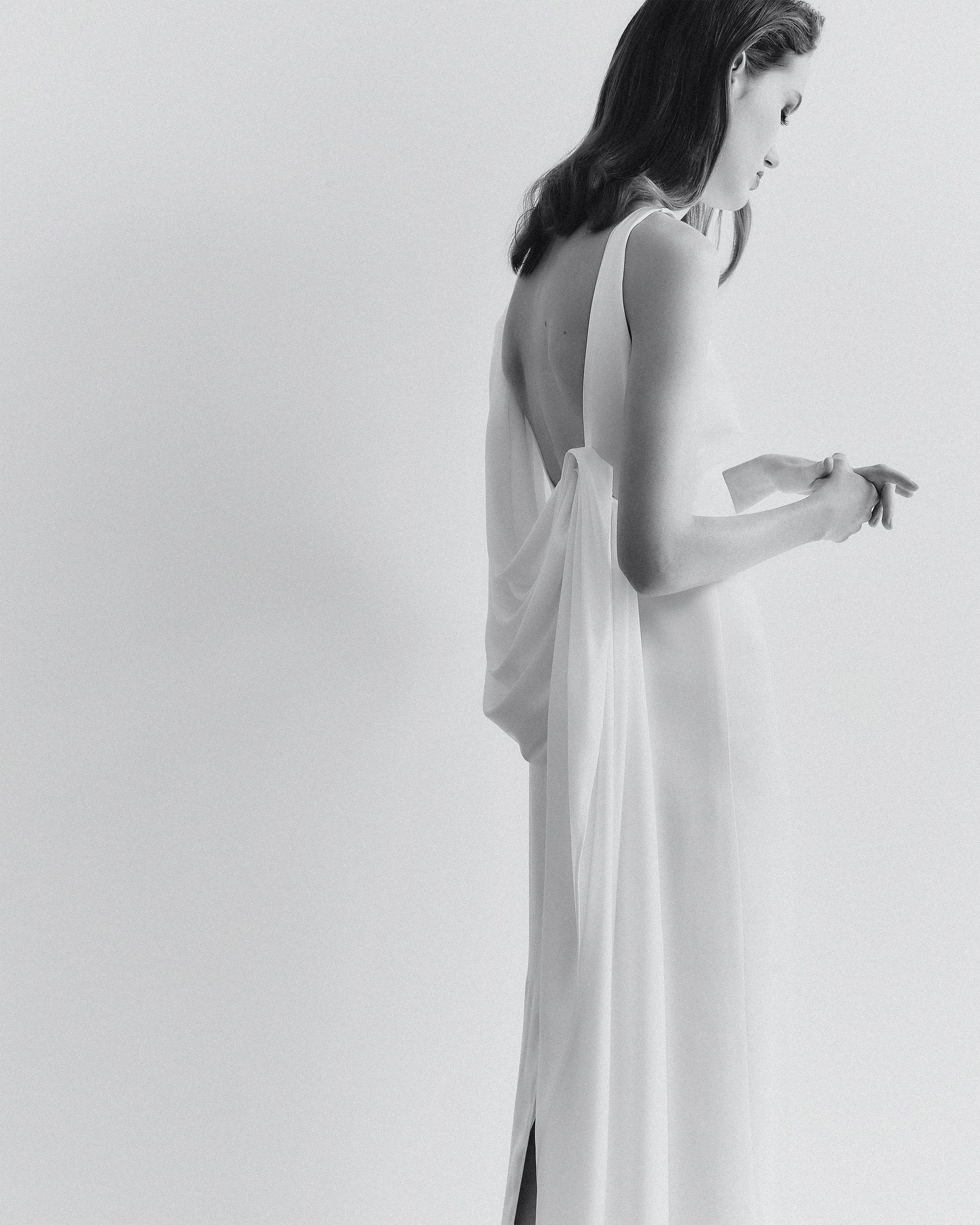 Boat-Neck Sleeveless Backless Shoulder-Knot Draped Satin Dress