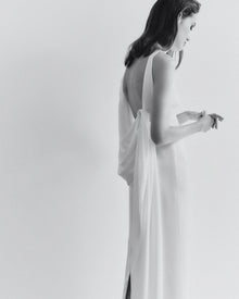 Boat-Neck Sleeveless Backless Shoulder-Knot Draped Satin Dress