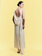 Boat-Neck Sleeveless Backless Shoulder-Knot Draped Satin Dress