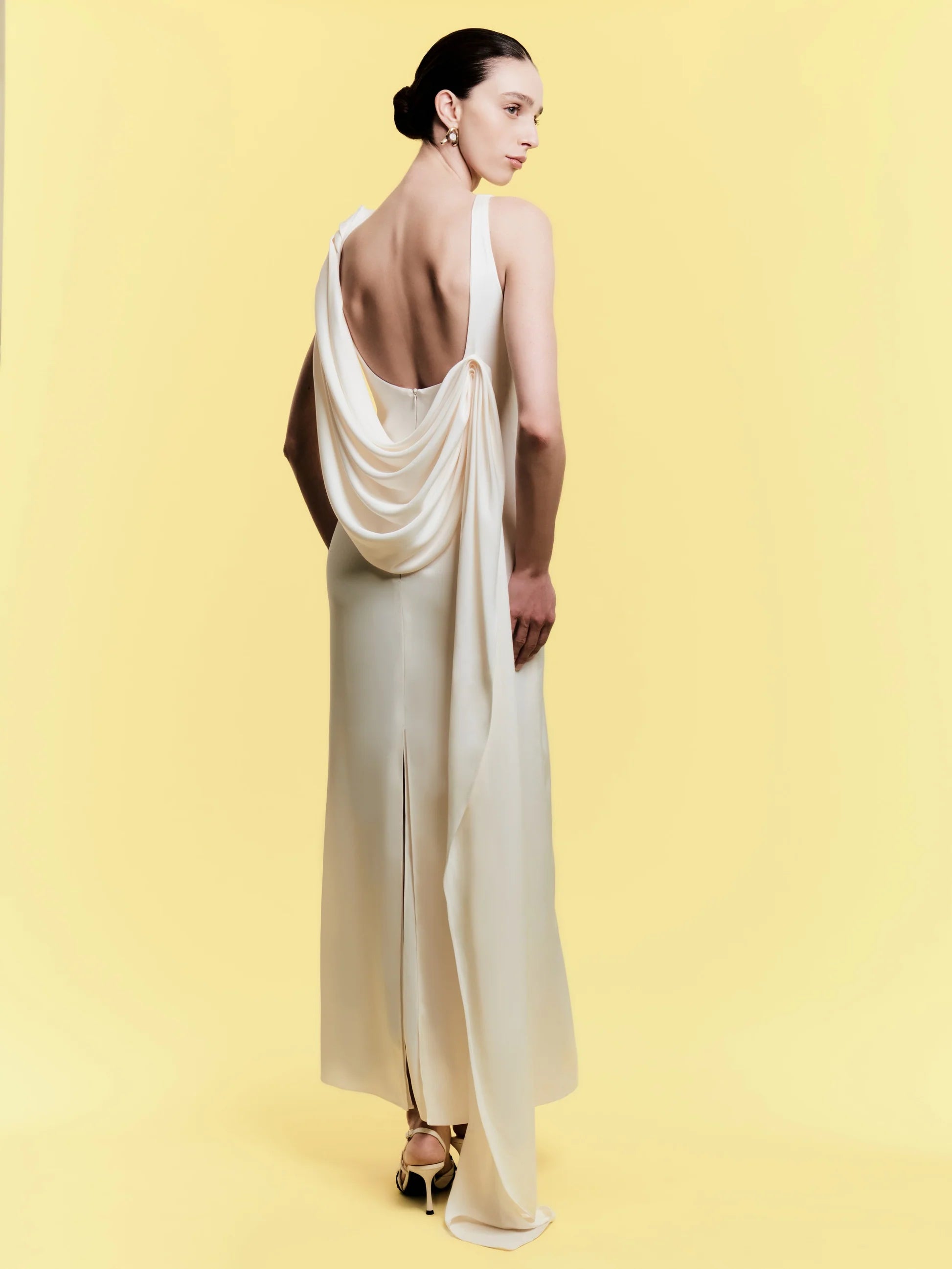 Boat-Neck Sleeveless Backless Shoulder-Knot Draped Satin Dress