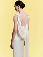 Boat-Neck Sleeveless Backless Shoulder-Knot Draped Satin Dress