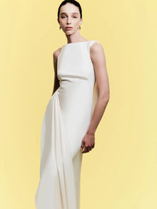 Boat-Neck Sleeveless Backless Shoulder-Knot Draped Satin Dress