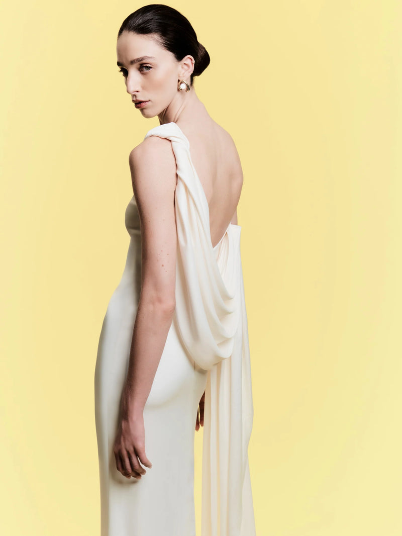 Boat-Neck Sleeveless Backless Shoulder-Knot Draped Satin Dress