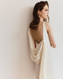 Boat-Neck Sleeveless Backless Shoulder-Knot Draped Satin Dress