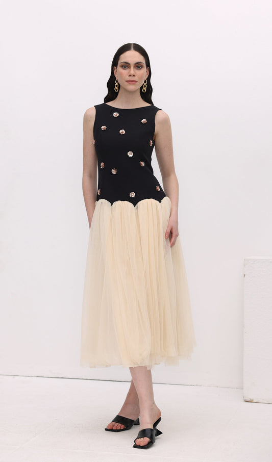 Vintage Contrast Tulle Midi Dress