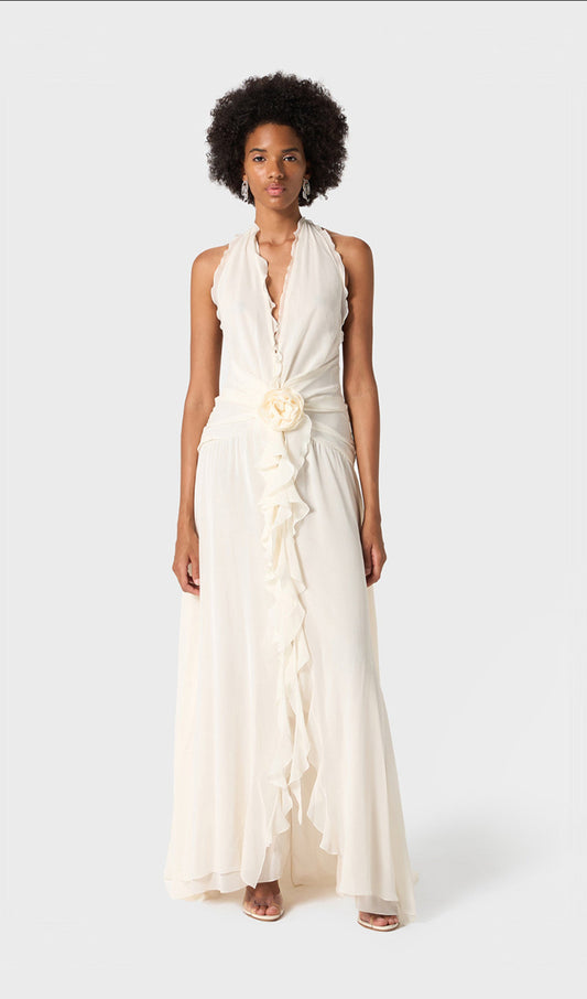 Halter Ruffles Rose Decoration Maxi Dress
