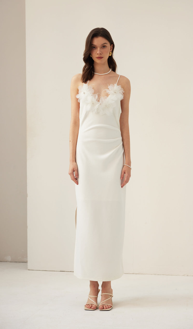 Feather Trim Slip Midi Dress