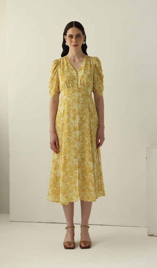 Yellow Printed Short Sleeve Midi Dress