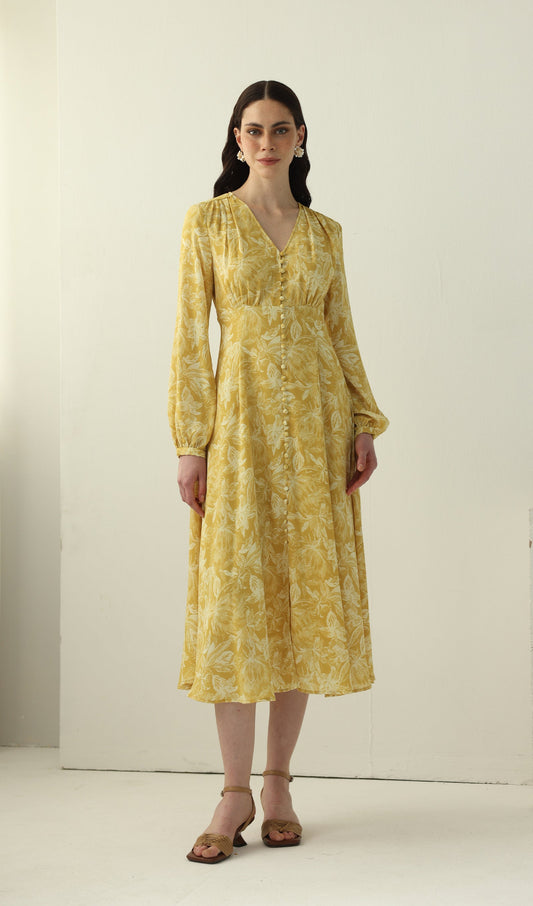 Yellow Floral Printed V Neck Midi Dress
