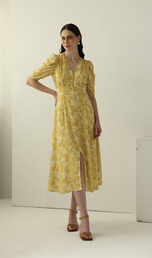 Yellow Printed Short Sleeve Midi Dress