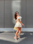 V-Neck Off-Shoulder Layered Ruffled Sleeveless Mini Dress