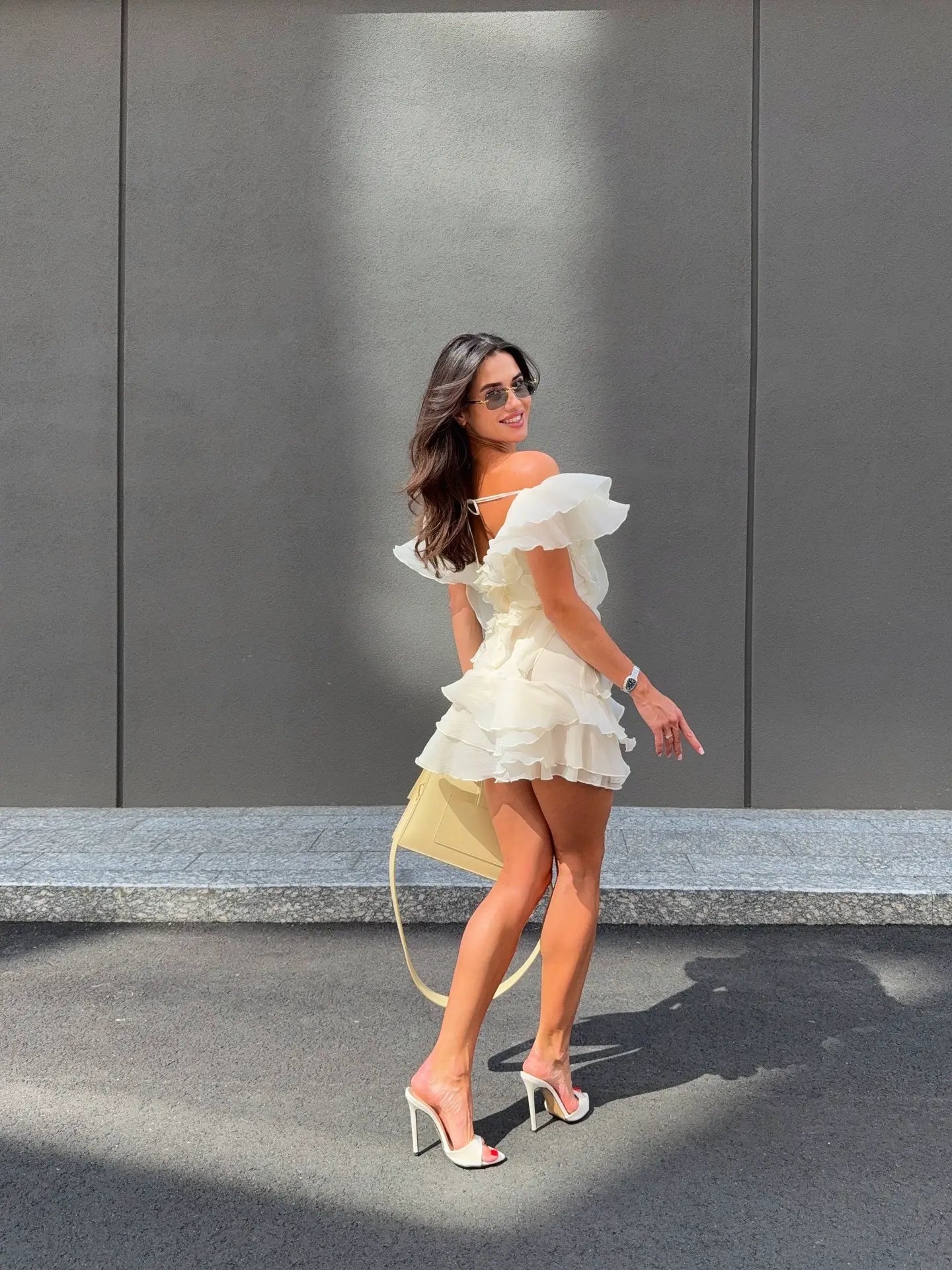 V-Neck Off-Shoulder Layered Ruffled Sleeveless Mini Dress