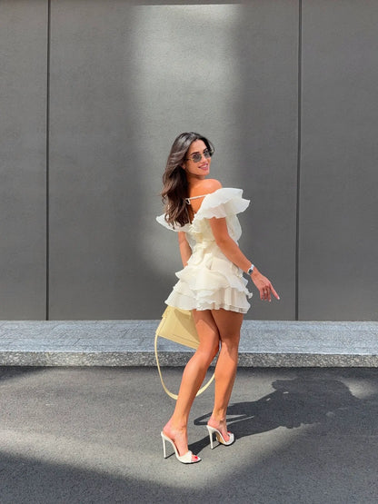 Theia Ruffle Layers Strapless Mini Dress In Beige