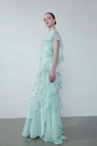 Cap-Shoulder Crew-Neck Floral-Appliqué Waist Tiered Maxi Dress