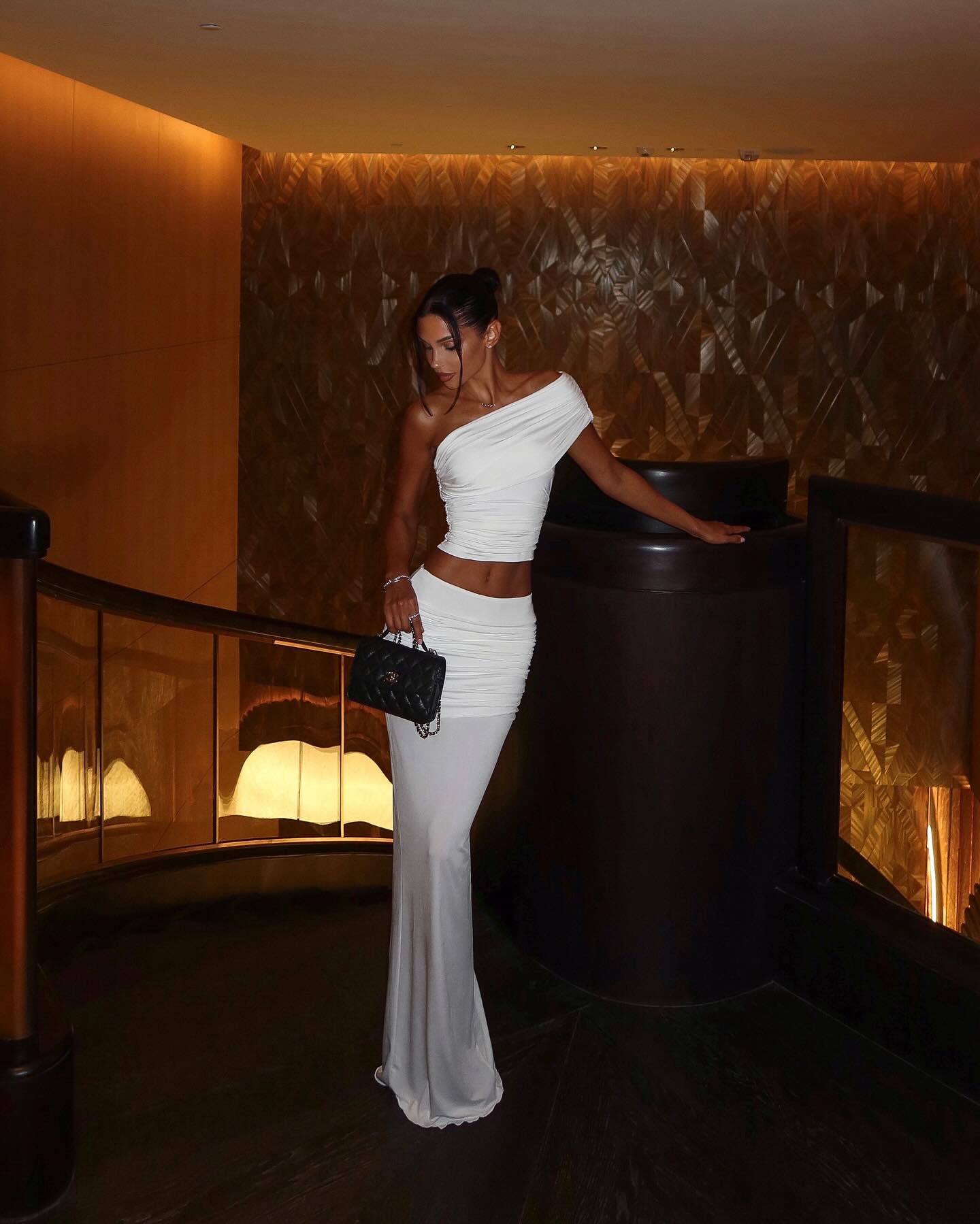 Asymmetric Off-Shoulder Sleeveless Cropped Top with Ruched Bodycon Back-Slit Skirt Two-Piece Set