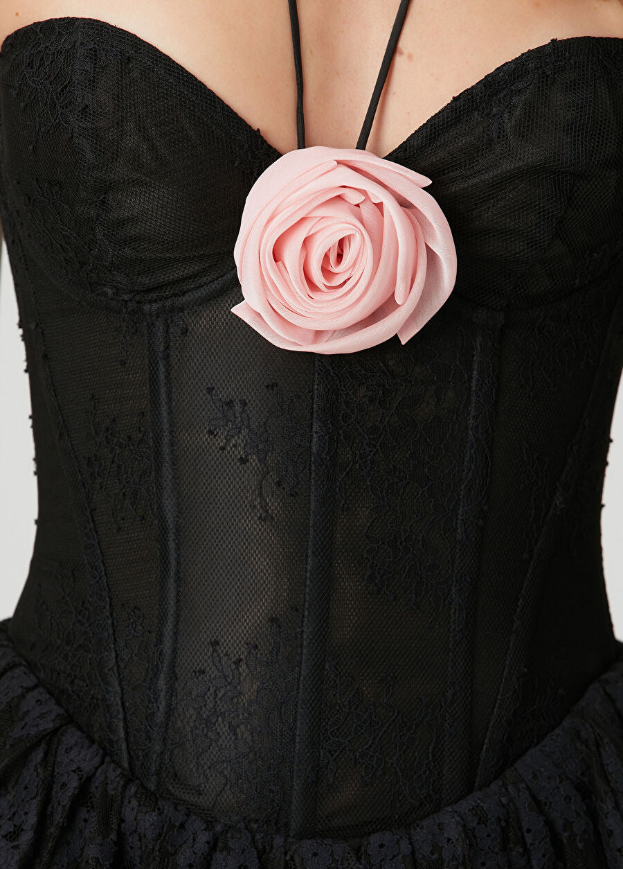 Strapless Corset-Style Halter-Tie 3D Floral Lace Dress