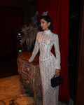 High-Neck Long-Sleeve Corset-Inspired White Lace Dress