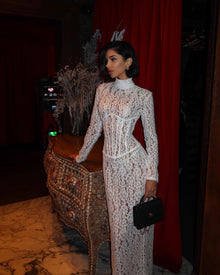 High-Neck Long-Sleeve Corset-Inspired White Lace Dress