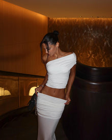 Asymmetric Off-Shoulder Sleeveless Cropped Top with Ruched Bodycon Back-Slit Skirt Two-Piece Set