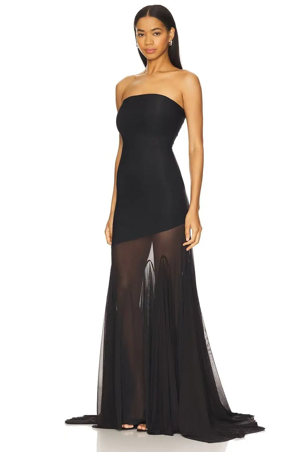 Strapless Bodycon Mesh Paneling Maxi Dres – Elegant Party & Evening Wear