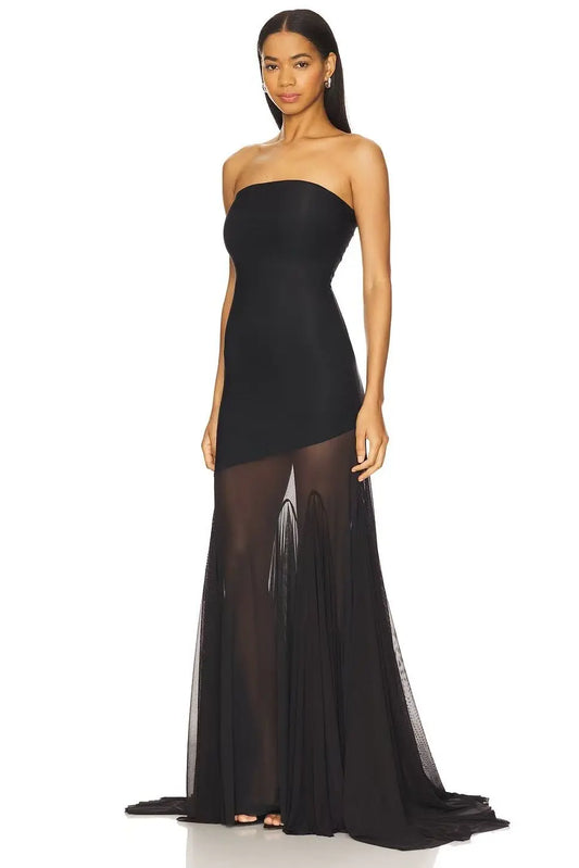 Strapless Bodycon Mesh Paneling Maxi Dres – Elegant Party & Evening Wear