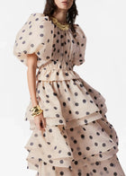 Polka Dot Lantern Sleeve Ruched Waist Top Tiered Skirt Set