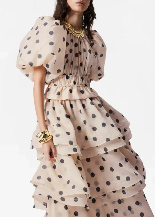 Polka Dot Lantern Sleeve Ruched Waist Top Tiered Skirt Set