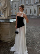 Scarf-Style Strapless Black-and-White Chiffon Paneled Dress