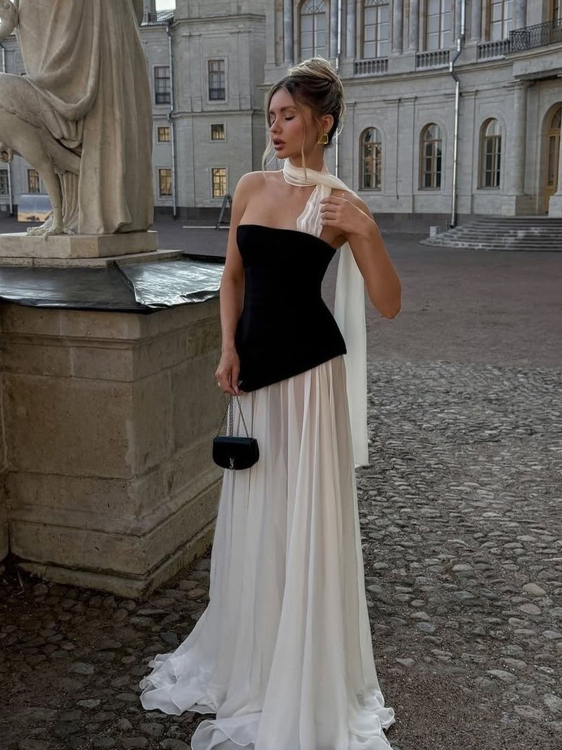 Scarf-Style Strapless Black-and-White Chiffon Paneled Dress