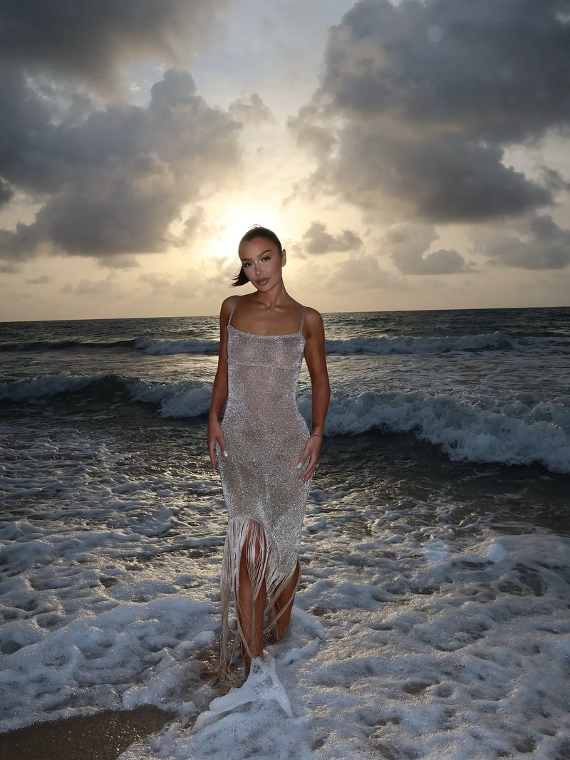 Shimmer Fringe Knit Maxi Dress