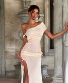 One-Shoulder Knot-Detail Waist-Knot Multi-Slit Bodycon Dress