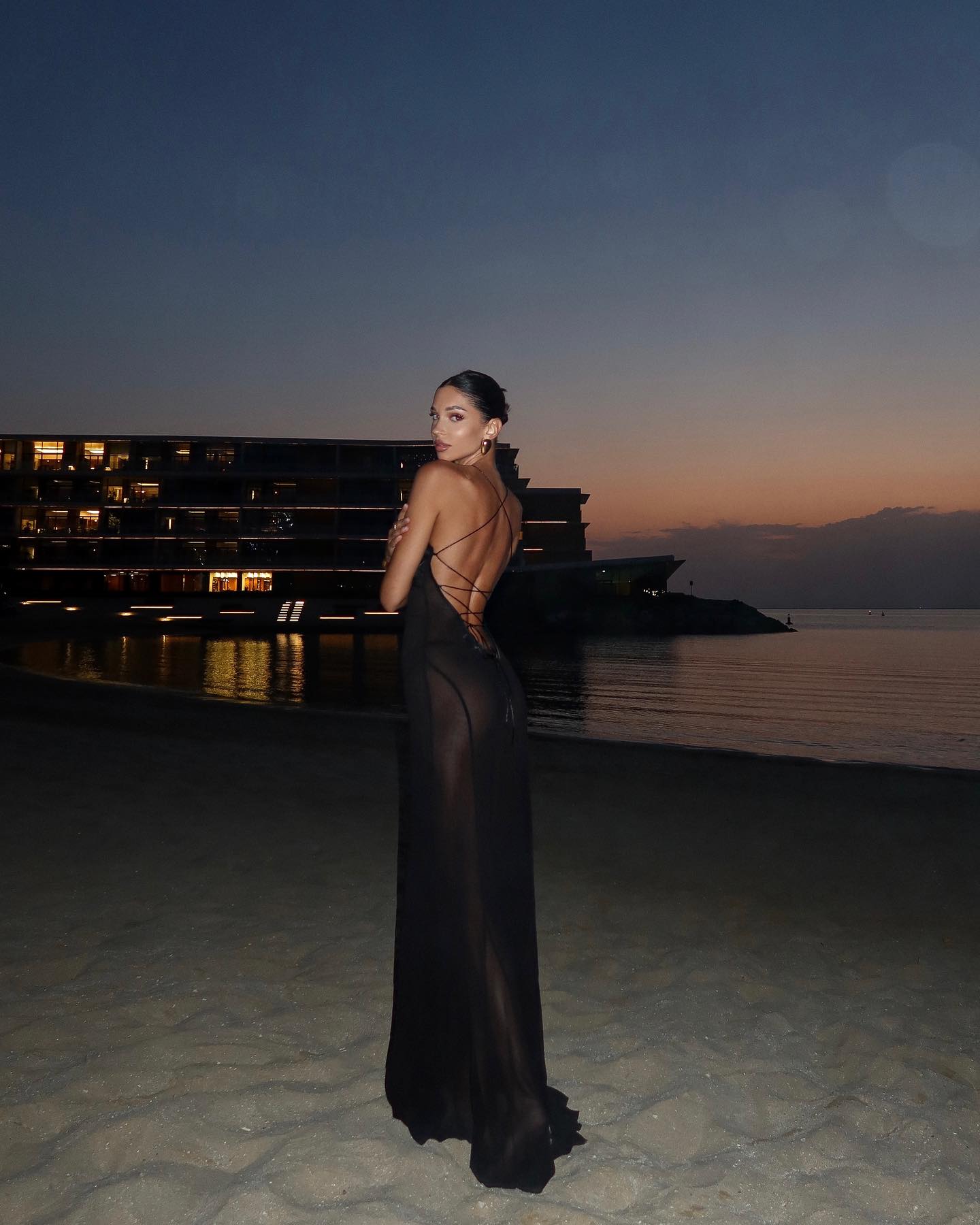Spaghetti Strap Low-Cut Cutout Open-Back Tie Satin-Chiffon Paneled Semi-Sheer Dress