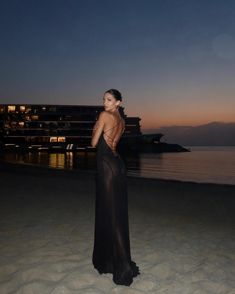 Spaghetti Strap Low-Cut Cutout Open-Back Tie Satin-Chiffon Paneled Semi-Sheer Dress