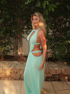 Crew-Neck Sleeveless Cutout Ruched Backless Seafoam Green  Dress