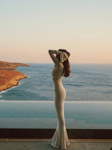 Square-Neck Long-Sleeve Ruffle-Cuff Knit Dress