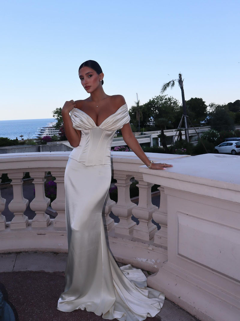 Satin Deep V-Neck Corset Top and Maxi Skirt Two-Piece Set