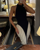 Halter High-Neck Sleeveless Backless Black-and-White Pleated Dress