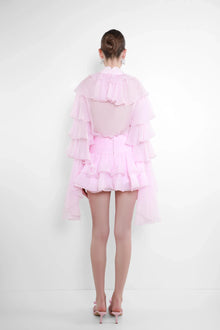 Chiffon Tiered-Ruffle Long-Sleeve Blouse and Tiered Mini Skirt Two-Piece Set