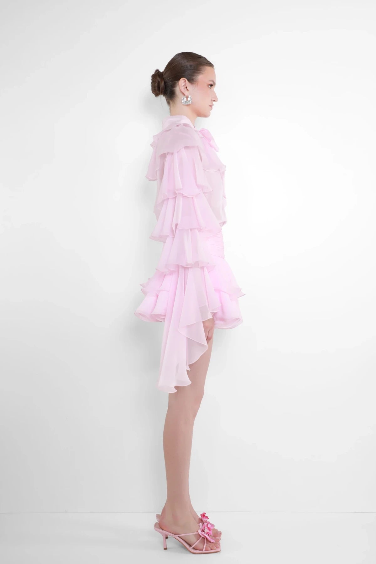 Chiffon Tiered-Ruffle Long-Sleeve Blouse and Tiered Mini Skirt Two-Piece Set