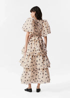 Polka Dot Lantern Sleeve Ruched Waist Top Tiered Skirt Set