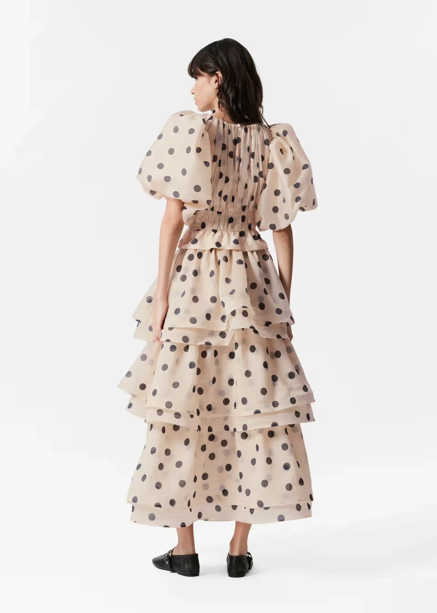 Polka Dot Lantern Sleeve Ruched Waist Top Tiered Skirt Set