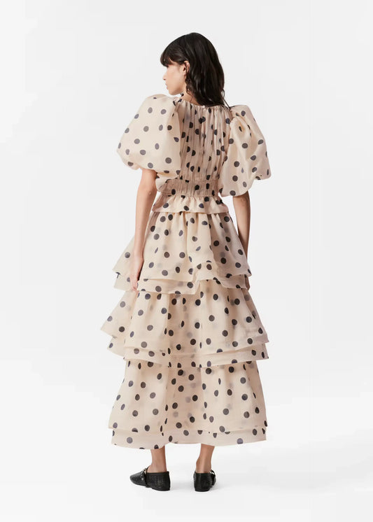 Polka Dot Lantern Sleeve Ruched Waist Top Tiered Skirt Set