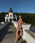 Sleeveless Pleated Tie-Hem Horsehair-Trim Pink Dress