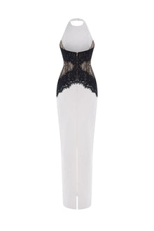 Crew-Neck Halter Backless Lace-Splicing Waist Side-Slit Dress